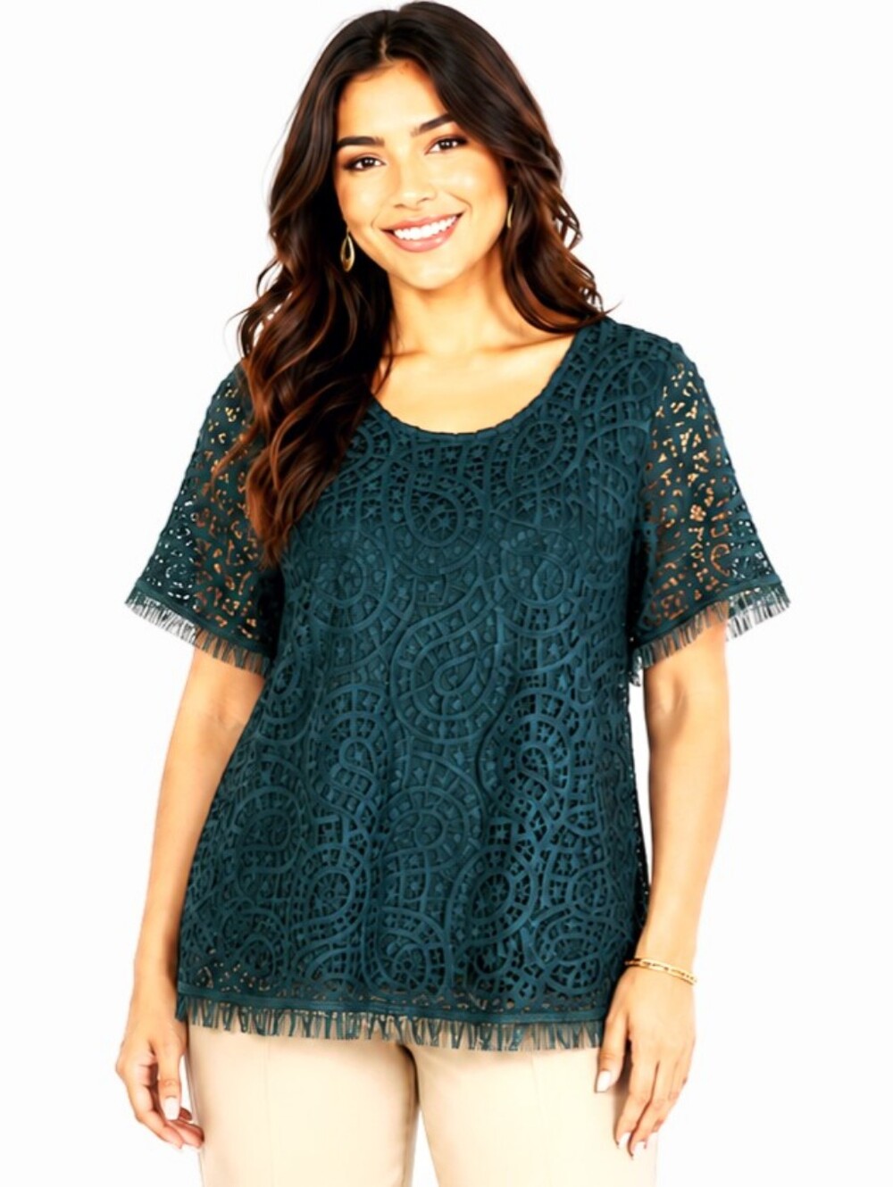 Philosophy Dark Green Lace Short-Sleeve Top, Fringe Ends, Size XL